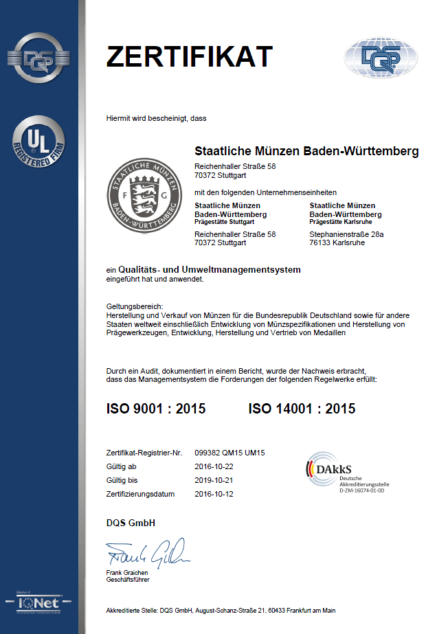 Zertifikate Staatliche Münzen BadenWürttemberg